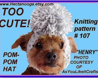 Knit Dog Hat, Easy KNITTING pattern or crochet pattern num 107. Little Doggie Pom Pom hat. Ears Open, pet clothing, Make it any size