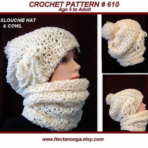 HAT CROCHET PATTERN, Slouchie Hat And Cowl Set, Age 5 to Adult, Pebble Stitch, Number 610