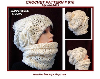 HAT CROCHET PATTERN, Slouchie Hat And Cowl Set, Age 5 to Adult, Pebble Stitch, Number 610