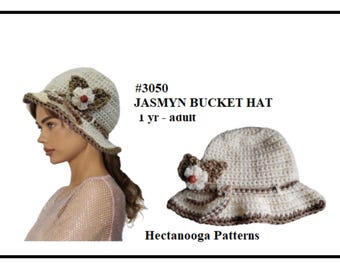 CROCHET HAT PATTERN, Brimmed bucket hat, cloche hat, 1 yr - adult sizes included, hectanooga patterns, # 3050, Easy top down in the round