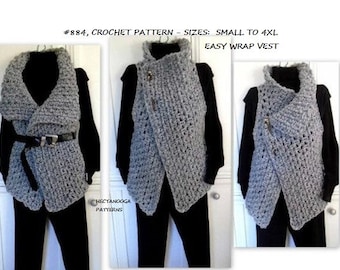 Women's Crochet WRAP VEST, Crochet Pattern, Sweater,  Crochet for Women, S - 4XL, #884-