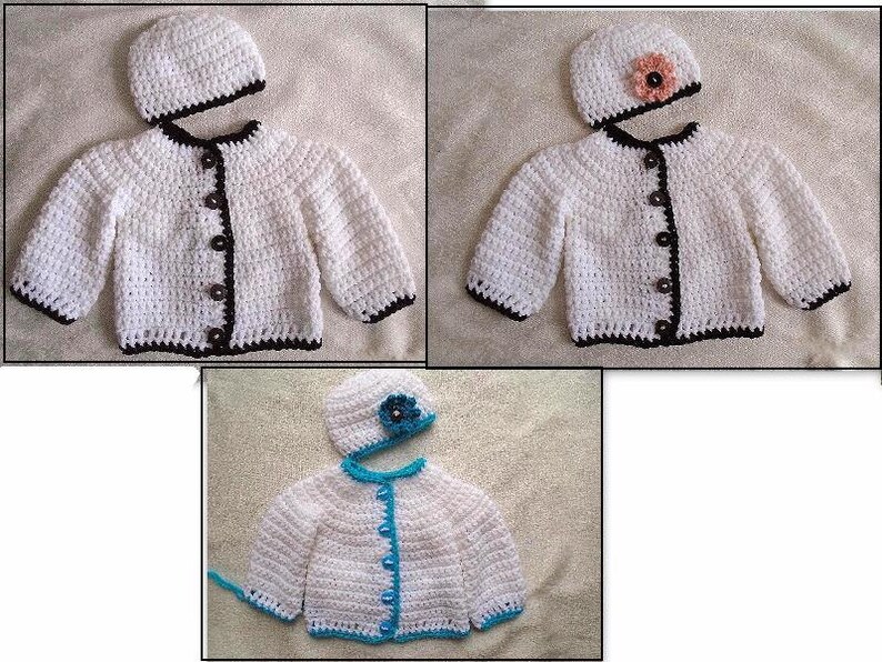 May include: Three crocheted baby cardigans with matching hats. The cardigans are white with black, white, or blue trim. The hats have a flower embellishment.