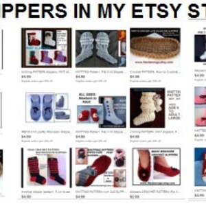 Op de afbeelding: Een verzameling gebreide slipperpatronen en afgewerkte slippers in verschillende kleuren en stijlen. De afbeelding bevat slippers met verschillende ontwerpen, waaronder laarzen, enkellaarsjes en instappers. De tekst bovenaan luidt "MORE KNIT SLIPPERS IN MY ETSY STORE."