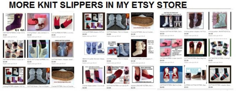 Op de afbeelding: Een verzameling gebreide slipperpatronen en afgewerkte slippers in verschillende kleuren en stijlen. De afbeelding bevat slippers met verschillende ontwerpen, waaronder laarzen, enkellaarsjes en instappers. De tekst bovenaan luidt "MORE KNIT SLIPPERS IN MY ETSY STORE."