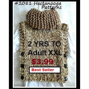 Easy knit poncho pattern, poncho, sweater, 2 yrs -Adult XXL (Plus size) -  beginner pattern, #2081- Pullover sweater vest, knitting patterns