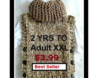 Easy knit poncho pattern, poncho, sweater, 2 yrs -Adult XXL (Plus size) -  beginner pattern, #2081- Pullover sweater vest, knitting patterns