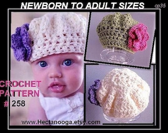 Childrens, kids hats, womens, Crochet Pattern hat num 258,  STARLETTE  BERET, newborn to adult,