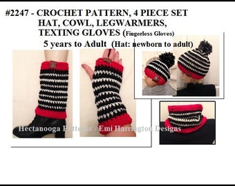 CROCHET PATTERN, 4 Piece Set, Stripe Hat, Cowl, Legwarmers, Texting Gloves, perfect Christmas gift idea, women, teens, kids, baby hat, #2247