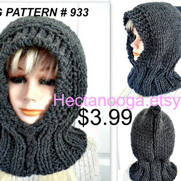 KNITTING PATTERN Hat, warm knit hood,  unisex style, men, women, boys, girls, teens, adults.  Beginner level, flat knit, #933