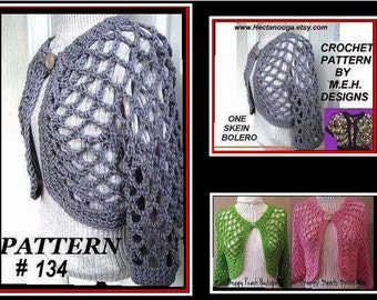 Crochet PATTERN, crochet  summer shrug num 134,  One Skein Open Weave Shrug, Make it long or short sleeve...size S,  M. and L. and x-L