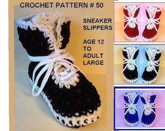 CROCHET SNEAKER PATTERN,  slippers num 50, Age 12 to Adult large slipper.