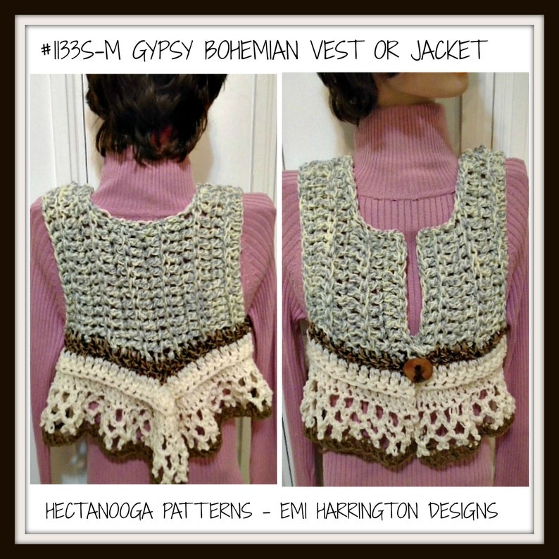 May include: A crocheted vest or jacket in brown, beige, and gray with a crocheted lace trim. The vest is shown on a model wearing a pink turtleneck sweater.