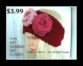 Easy Knitting Patterns, Headband and flowers, Red button up head band, num 430,  children to adult, instant digital download