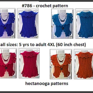 May include: Crochet vest pattern for sizes 5 years to adult 4XL (60 inches chest). The pattern includes instructions for a blue, red, and orange vest with a scalloped neckline and button closure. The pattern is available in multiple colors.