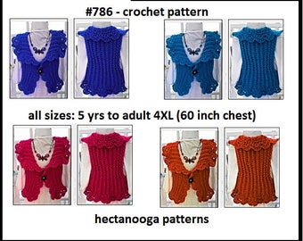 Women's Vest, CROCHET PATTERN, Women and Children, Easy , Plain or Frilly Edge, Shrug, Jacket, Cardigan Sweater, Sleeveless, Peacock, #786