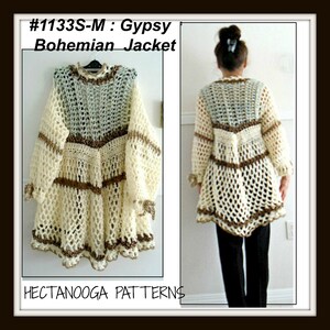 May include: A crocheted jacket in white, brown, and light blue with a lacy pattern. The jacket has a long, flowing style and is shown on a model. The text "#1133S-M: Gypsy Bohemian Jacket" is visible in the image.