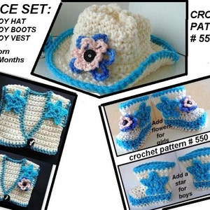 Crochet pattern for babies, Easy Crochet Pattern Cowboy Boots Cowboy Hat Cowboy Vest for Baby, newborn to 12 months, number 550 image 2