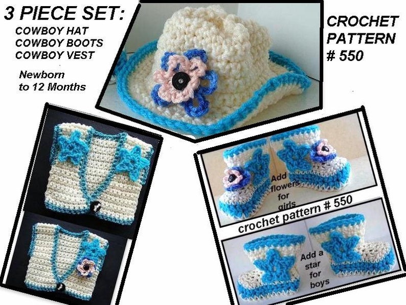 Crochet pattern for babies, Easy Crochet Pattern Cowboy Boots Cowboy Hat Cowboy Vest for Baby, newborn to 12 months, number 550 image 2