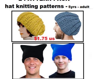 2 KNIT HAT PATTERNS, 2 pattern pack special sale, Unisex Beanie, Touque, caps, child, teen, adult, men, women. Hectanooga Patterns