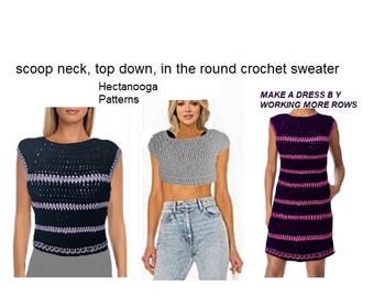 crochet pattern, sleeveless sweater, top down, in the round,  s - XXL, summer clothing, make any size, women's clothing, scoop neck, #3090