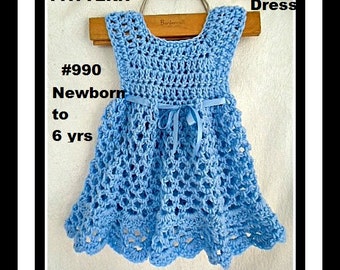 Easy CROCHET Baby Dress PATTERN, ELLYN, Girl's Dress, Patterns for kids, babies, newborn, toddlers, children, to age 6, number 990