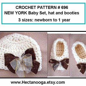 Easy BABY HAT and Booties, Crochet PATTERNs,  New York Baby Set, Ages newborn to 1 year, pdf # 696