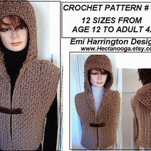 Crochet PATTERN, Hoodie Vest,age 5 to Adult 4XL, Chunky style Shrug, Quick and Easy Clothing for women and girls, #725 craft supplies