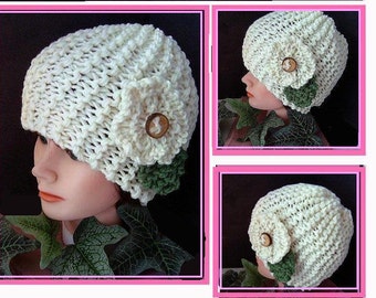 KNITTING PATTERN HAT, Easy Beginner Knitted Touque, Unisex, Flower