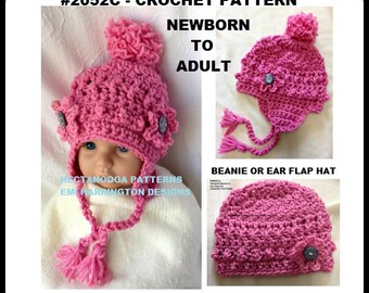 CROCHET HAT PATTERN, beanie hat, ear flap hat, earflap, child, toddler, teen, adult, men, women, boys and girls, #2052CRO