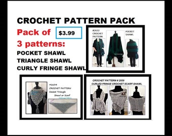 crochet patterns, 3 PACK CROCHET SHAWLS, Pocket Shawl, Curly Fringe Shawl, Triangle Shawl, easy beginner crochet patterns