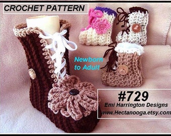 Crochet Baby Booties Pattern - Crochet slippers pattern - baby, child, teen, adult,laced up boots,  #729, Emi Harrington Design