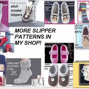 Puede incluir: Un collage de patrones de ganchillo para zapatillas, incluyendo estilos de zapatillas deportivas, Mary Jane y botas. La imagen presenta varios colores y dise&ntilde;os, con superposiciones de texto que indican n&uacute;meros de patrones e informaci&oacute;n de la tienda. El texto "MORE SLIPPER PATTERNS IN MY SHOP!" tambi&eacute;n es visible.