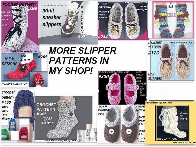 Puede incluir: Un collage de patrones de ganchillo para zapatillas, incluyendo estilos de zapatillas deportivas, Mary Jane y botas. La imagen presenta varios colores y dise&ntilde;os, con superposiciones de texto que indican n&uacute;meros de patrones e informaci&oacute;n de la tienda. El texto "MORE SLIPPER PATTERNS IN MY SHOP!" tambi&eacute;n es visible.