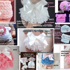 May include: A collage of crochet patterns for baby diaper covers and hats. The patterns include various styles, colors, and embellishments, such as bows and flowers. The text includes pattern numbers and the phrase "crochet pattern".