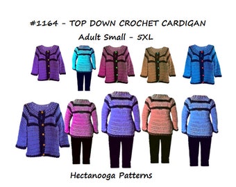 CROCHET SWEATER PATTERN, Top Down Cardigan Sweater, Adult Small - 5XL, video demo, #1164