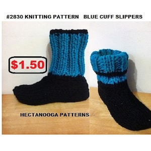 Modello per pantofole a maglia, pantofole calde e comode, pantofole con risvolto blu, lavorazione a maglia piatta, livello principiante, video gratuito incluso, #2830