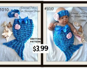 KNITTING PATTERN - Mermaid Tail, Photo prop, Fits newborn to 6 months, Headband, Knit Flower, # 1010, Easy beginner, free crochet pattern