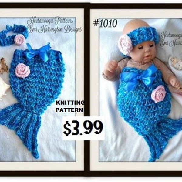 KNITTING PATTERN - Mermaid Tail, Photo prop, Fits newborn to 6 months, Headband, Knit Flower, # 1010, Easy beginner, free crochet pattern