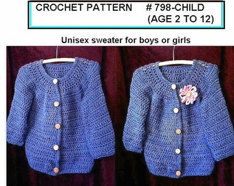 CROCHET PATTERN SWEATER, Children sizes age 2 to age 12, Children's clothing,  Blue Jeans Cardigan, #798-Child,