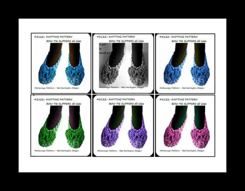 Op de afbeelding: Een collage van zes afbeeldingen met breipatronen voor strik-pantoffels in verschillende kleuren. Elke afbeelding toont een paar pantoffels met de tekst "#2122 - KNITTING PATTERN BOW TIE SLIPPERS all sizes".
