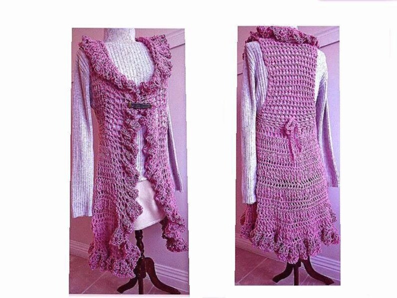 Crochet PATTERN, Ruffled Edge Long Vest , circular vest, child, adult, pdf digital download 760 image 5