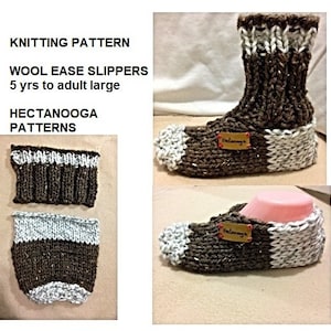 May include: Knitting pattern for wool ease slippers, sizes 5 years to adult large. The pattern is called "Hectanooga Patterns". The image shows two pairs of brown and white knitted slippers.