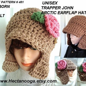 May include: Crochet pattern for a unisex trapper John Arctic earflap hat. The pattern is available in sizes from newborn to adult. The hat is brown with pink and green flower accents. The pattern is available for purchase on Etsy.