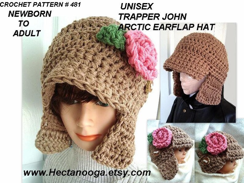 May include: Crochet pattern for a unisex trapper John Arctic earflap hat. The pattern is available in sizes from newborn to adult. The hat is brown with pink and green flower accents. The pattern is available for purchase on Etsy.