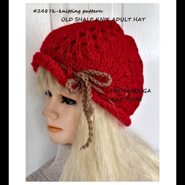 KNIT HAT PATTERN, Fan and Feather stitch, Knitting Patterns, Women's hats, #2487K, Old Shale Stitch,