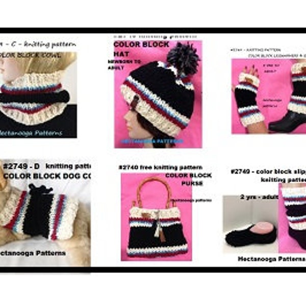 KNITTING PATTERNS,  Hat, Cowl, Legwarmers, Texting Gloves/Fingerless Gloves, Slippers, Dog Coat, Purse, FREE cell phone pouch #2749