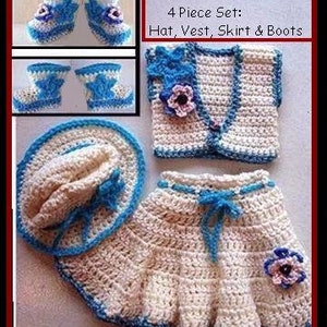 May include: A four-piece crochet baby outfit set in white and blue. The set includes a hat, vest, skirt, and booties. The skirt has a blue ribbon tie and a white flower embellishment. The vest has a blue and white flower embellishment. The booties have blue and white stripes. CROCHET PATTERN 4 Piece Set: Hat, Vest, Skirt & Boots