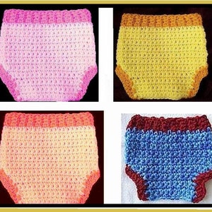 May include: Four crocheted baby diaper covers in different colors. The covers are made with a simple stitch and have a contrasting colored band around the top and bottom. The colors are pink, yellow, orange, and blue.