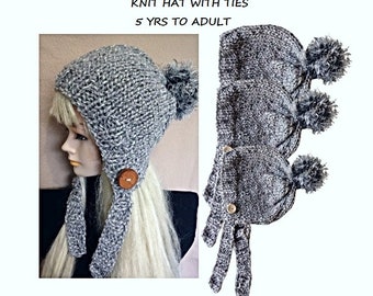 KNITTING PATTERN - knit hat with ties, child, teen, adult, quick and easy knitting pattern, beginner friendly, #2954, Hectanooga Patterns