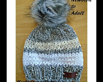 knit hat PATTERN - Newborn to Adult, Quick and easy, beginner level, knitting for baby, women, men, adults, kids, children, teens, #2098K